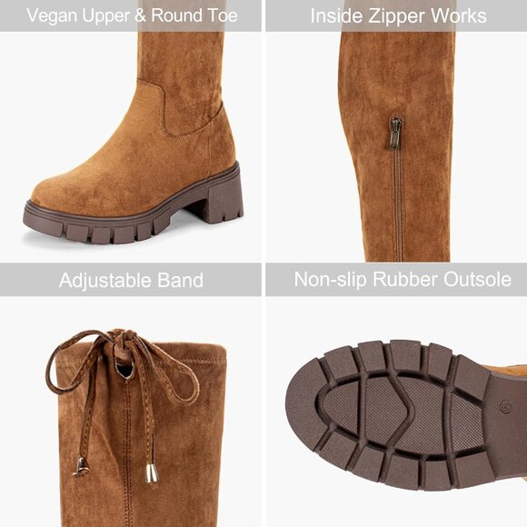 Women's Platform Boots-990-camel Over The Knee Thigh High Round Toe Long Boot - Picture 3 of 8